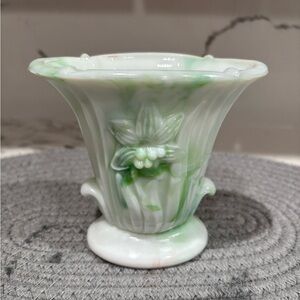 Vintage Swirled White and Green Floral slag glass Vase